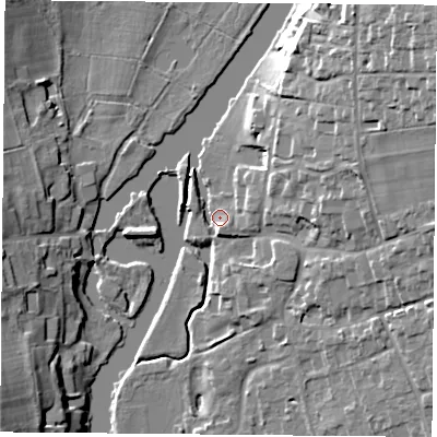 Shaded relief map of the ground around RG89AB, computed from Environment Agency LiDAR. The ground here sits at about 42 m above sea level and falls 21 m across the surrounding 800 m. Surface water reaching this point runs off ground lying to the east-north-east, 18.0 m higher.