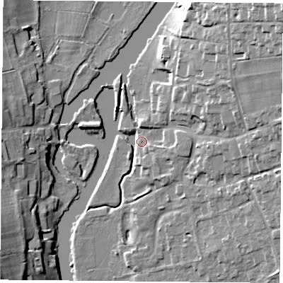 Shaded relief map of the ground around RG89AD, computed from Environment Agency LiDAR. The ground here sits at about 43 m above sea level and falls 22 m across the surrounding 800 m. Surface water reaching this point runs off ground lying to the east, 13.1 m higher.