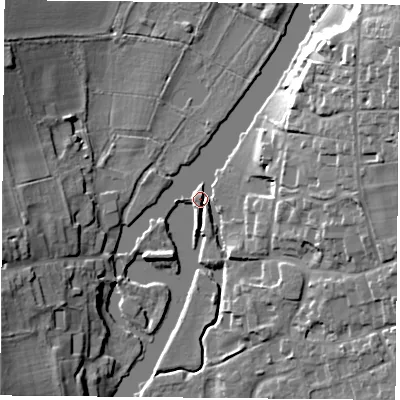 Shaded relief map of the ground around RG89AE, computed from Environment Agency LiDAR. The ground here sits at about 43 m above sea level and falls 22 m across the surrounding 800 m. Surface water reaching this point runs off ground lying to the north-east, 17.9 m higher.