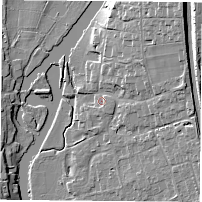 Shaded relief map of the ground around RG89AG, computed from Environment Agency LiDAR. The ground here sits at about 44 m above sea level and falls 23 m across the surrounding 800 m. Surface water reaching this point runs off ground lying to the east-south-east, 1.8 m higher.