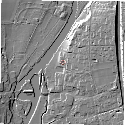 Shaded relief map of the ground around RG89AH, computed from Environment Agency LiDAR. The ground here sits at about 45 m above sea level and falls 23 m across the surrounding 800 m. Surface water reaching this point runs off ground lying to the east-north-east, 10.6 m higher.