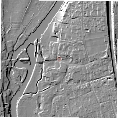 Shaded relief map of the ground around RG89AN, computed from Environment Agency LiDAR. The ground here sits at about 44 m above sea level and falls 23 m across the surrounding 800 m. Surface water reaching this point runs off ground lying to the north-east, 16.7 m higher.