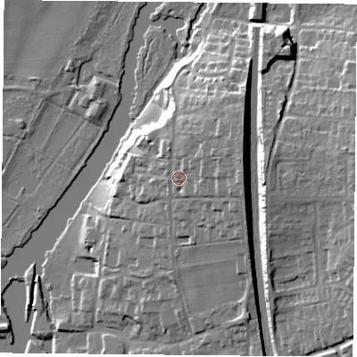 Shaded relief map of the ground around RG89BJ, computed from Environment Agency LiDAR. The ground here sits at about 56 m above sea level and falls 23 m across the surrounding 800 m. Surface water reaching this point runs off ground lying to the east-north-east, 5.7 m higher.