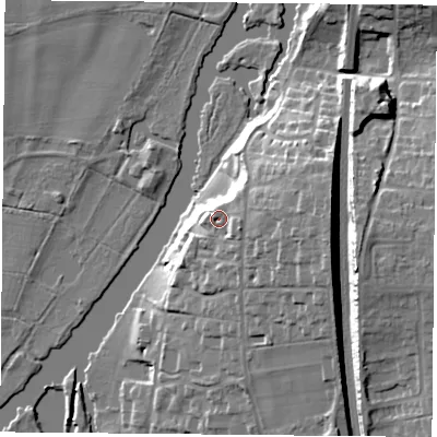 Shaded relief map of the ground around RG89BT, computed from Environment Agency LiDAR. The ground here sits at about 53 m above sea level and falls 23 m across the surrounding 800 m. Surface water reaching this point runs off ground lying to the east, 8.1 m higher.