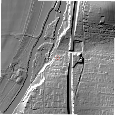 Shaded relief map of the ground around RG89DA, computed from Environment Agency LiDAR. The ground here sits at about 47 m above sea level and falls 34 m across the surrounding 800 m. Surface water reaching this point runs off ground lying to the south-south-east, 10.0 m higher.