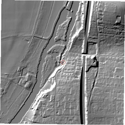 Shaded relief map of the ground around RG89DB, computed from Environment Agency LiDAR. The ground here sits at about 44 m above sea level and falls 34 m across the surrounding 800 m. Surface water reaching this point runs off ground lying to the south-east, 14.3 m higher.