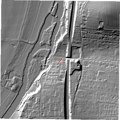 Shaded relief map of the ground around RG89DD, computed from Environment Agency LiDAR. The ground here sits at about 45 m above sea level and falls 34 m across the surrounding 800 m. Surface water reaching this point runs off ground lying to the north-east, 30.7 m higher.