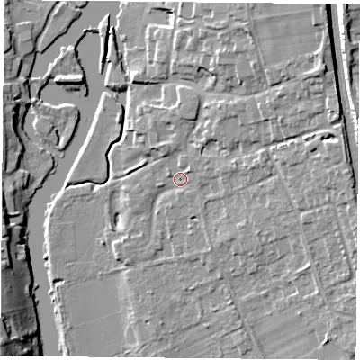 Shaded relief map of the ground around RG89DL, computed from Environment Agency LiDAR. The ground here sits at about 43 m above sea level and falls 19 m across the surrounding 800 m. Surface water reaching this point runs off ground lying to the north-east, 11.8 m higher.