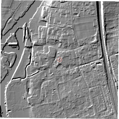 Shaded relief map of the ground around RG89DP, computed from Environment Agency LiDAR. The ground here sits at about 46 m above sea level and falls 21 m across the surrounding 800 m. Surface water reaching this point runs off ground lying to the north-north-east, 3.2 m higher.