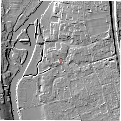 Shaded relief map of the ground around RG89DR, computed from Environment Agency LiDAR. The ground here sits at about 44 m above sea level and falls 21 m across the surrounding 800 m. Surface water reaching this point runs off ground lying to the north-east, 3.8 m higher.