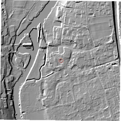 Shaded relief map of the ground around RG89DS, computed from Environment Agency LiDAR. The ground here sits at about 44 m above sea level and falls 21 m across the surrounding 800 m. Surface water reaching this point runs off ground lying to the north-east, 1.9 m higher.