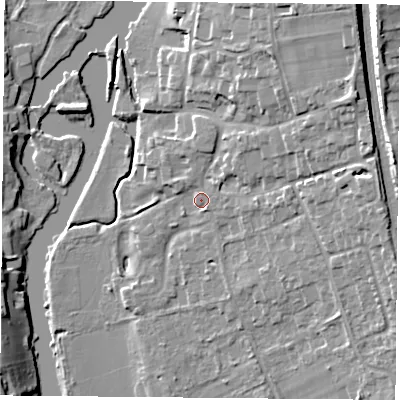 Shaded relief map of the ground around RG89DT, computed from Environment Agency LiDAR. The ground here sits at about 44 m above sea level and falls 19 m across the surrounding 800 m. Surface water reaching this point runs off ground lying to the north-east, 11.7 m higher.