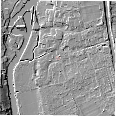 Shaded relief map of the ground around RG89DU, computed from Environment Agency LiDAR. The ground here sits at about 44 m above sea level and falls 19 m across the surrounding 800 m. Surface water reaching this point runs off ground lying to the north-east, 11.8 m higher.