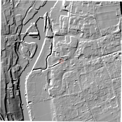Shaded relief map of the ground around RG89DX, computed from Environment Agency LiDAR. The ground here sits at about 42 m above sea level and falls 26 m across the surrounding 800 m. Surface water reaching this point runs off ground lying to the east-north-east, 12.2 m higher.