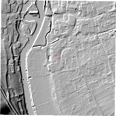 Shaded relief map of the ground around RG89DY, computed from Environment Agency LiDAR. The ground here sits at about 43 m above sea level and falls 61 m across the surrounding 800 m. Surface water reaching this point runs off ground lying to the north-east, 2.5 m higher.