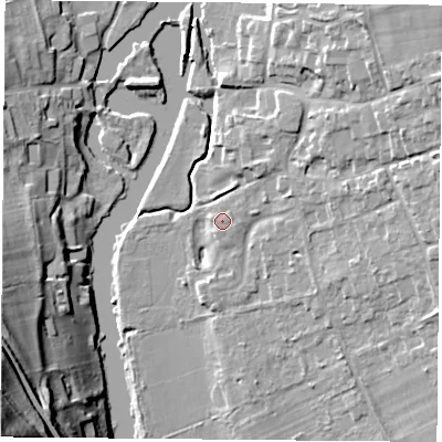 Shaded relief map of the ground around RG89EA, computed from Environment Agency LiDAR. The ground here sits at about 43 m above sea level and falls 54 m across the surrounding 800 m. The ground contributing surface water to this point lies to the north-east.