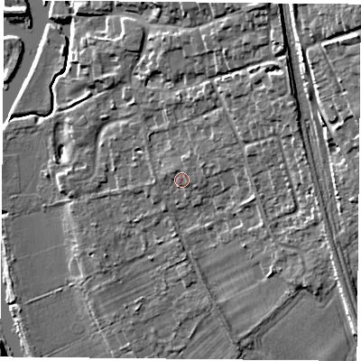 Shaded relief map of the ground around RG89EB, computed from Environment Agency LiDAR. The ground here sits at about 45 m above sea level and falls 19 m across the surrounding 800 m. Surface water reaching this point runs off ground lying to the east-north-east, 1.4 m higher.