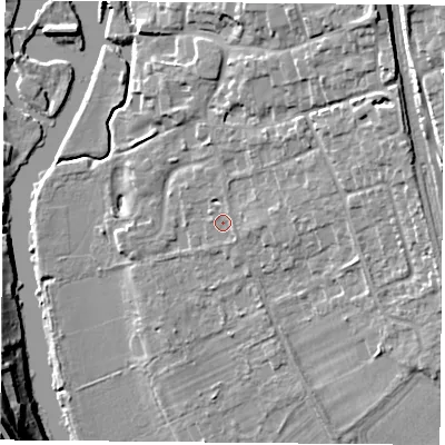 Shaded relief map of the ground around RG89ED, computed from Environment Agency LiDAR. The ground here sits at about 43 m above sea level and falls 24 m across the surrounding 800 m. Surface water reaching this point runs off ground lying to the east-north-east, 9.4 m higher.
