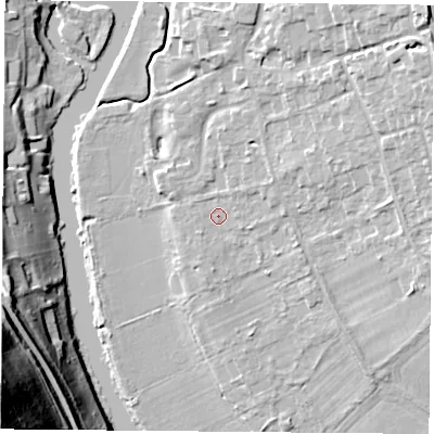 Shaded relief map of the ground around RG89EE, computed from Environment Agency LiDAR. The ground here sits at about 43 m above sea level and falls 72 m across the surrounding 800 m. Surface water reaching this point runs off ground lying to the east-north-east, 1.4 m higher.
