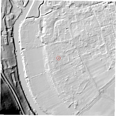 Shaded relief map of the ground around RG89EG, computed from Environment Agency LiDAR. The ground here sits at about 43 m above sea level and falls 71 m across the surrounding 800 m. Surface water reaching this point runs off ground lying to the east-north-east, 0.6 m higher.
