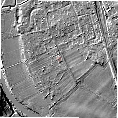 Shaded relief map of the ground around RG89EH, computed from Environment Agency LiDAR. The ground here sits at about 44 m above sea level and falls 19 m across the surrounding 800 m. Surface water reaching this point runs off ground lying to the east, 0.7 m higher.