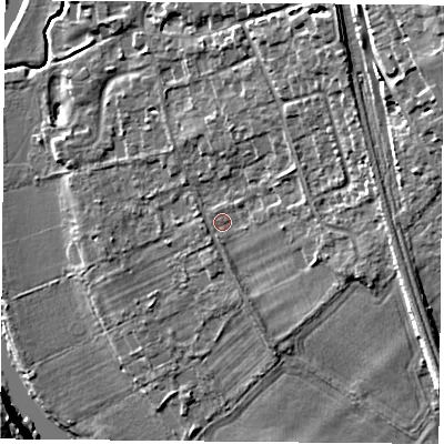 Shaded relief map of the ground around RG89EJ, computed from Environment Agency LiDAR. The ground here sits at about 43 m above sea level and falls 17 m across the surrounding 800 m. Surface water reaching this point runs off ground lying to the north-east, 8.0 m higher.