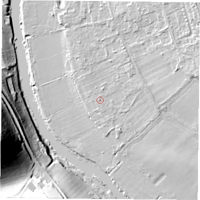 Shaded relief map of the ground around RG89EL, computed from Environment Agency LiDAR. The ground here sits at about 43 m above sea level and falls 56 m across the surrounding 800 m. Surface water reaching this point runs off ground lying to the south, 0.7 m higher.
