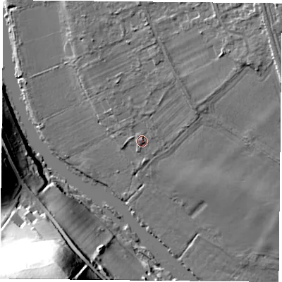 Shaded relief map of the ground around RG89EN, computed from Environment Agency LiDAR. The ground here sits at about 43 m above sea level and falls 69 m across the surrounding 800 m. Surface water reaching this point runs off ground lying to the west, 1.1 m higher.