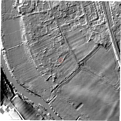 Shaded relief map of the ground around RG89EP, computed from Environment Agency LiDAR. The ground here sits at about 42 m above sea level and falls 30 m across the surrounding 800 m. Surface water reaching this point runs off ground lying to the north-east, 8.3 m higher.