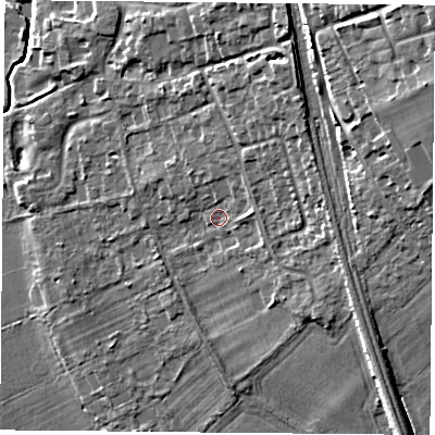 Shaded relief map of the ground around RG89ER, computed from Environment Agency LiDAR. The ground here sits at about 45 m above sea level and falls 21 m across the surrounding 800 m. Surface water reaching this point runs off ground lying to the north-north-east, 2.8 m higher.