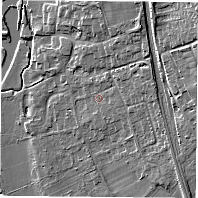 Shaded relief map of the ground around RG89EY, computed from Environment Agency LiDAR. The ground here sits at about 45 m above sea level and falls 21 m across the surrounding 800 m. Surface water reaching this point runs off ground lying to the east-north-east, 6.6 m higher.