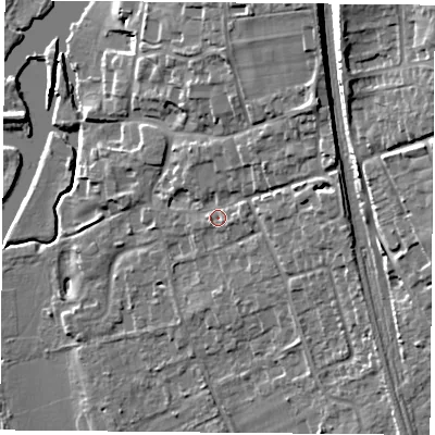 Shaded relief map of the ground around RG89HA, computed from Environment Agency LiDAR. The ground here sits at about 46 m above sea level and falls 21 m across the surrounding 800 m. Surface water reaching this point runs off ground lying to the north-east, 9.5 m higher.