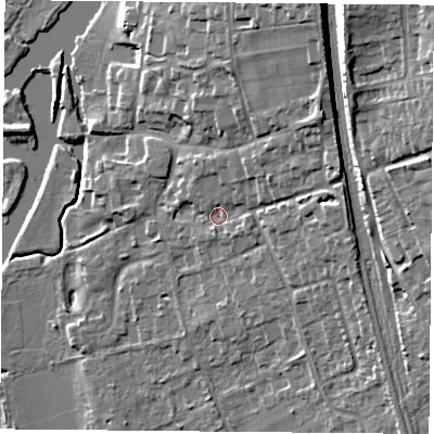 Shaded relief map of the ground around RG89HB, computed from Environment Agency LiDAR. The ground here sits at about 45 m above sea level and falls 21 m across the surrounding 800 m. Surface water reaching this point runs off ground lying to the north-east, 9.6 m higher.