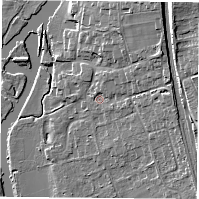 Shaded relief map of the ground around RG89HJ, computed from Environment Agency LiDAR. The ground here sits at about 44 m above sea level and falls 20 m across the surrounding 800 m. Surface water reaching this point runs off ground lying to the north-east, 10.3 m higher.