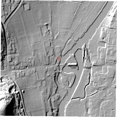 Shaded relief map of the ground around RG89HR, computed from Environment Agency LiDAR. The ground here sits at about 42 m above sea level and falls 79 m across the surrounding 800 m. Surface water reaching this point runs off ground lying to the west, 11.0 m higher.
