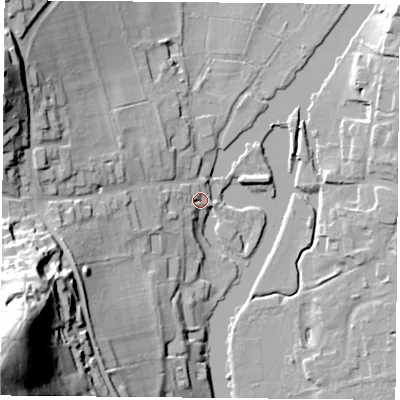 Shaded relief map of the ground around RG89HS, computed from Environment Agency LiDAR. The ground here sits at about 43 m above sea level and falls 89 m across the surrounding 800 m. Surface water reaching this point runs off ground lying to the south-west, 78.3 m higher.