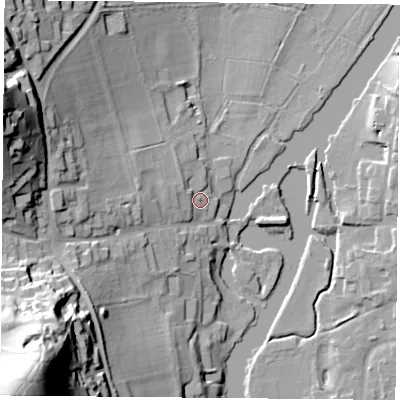 Shaded relief map of the ground around RG89HT, computed from Environment Agency LiDAR. The ground here sits at about 45 m above sea level and falls 84 m across the surrounding 800 m. Surface water reaching this point runs off ground lying to the west-north-west, 4.8 m higher.