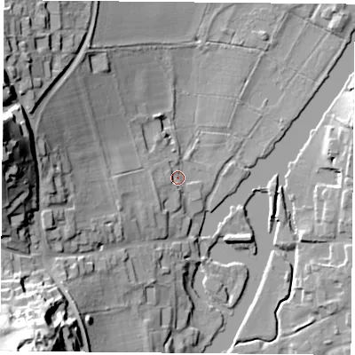 Shaded relief map of the ground around RG89HU, computed from Environment Agency LiDAR. The ground here sits at about 44 m above sea level and falls 55 m across the surrounding 800 m. Surface water reaching this point runs off ground lying to the west-south-west, 4.9 m higher.