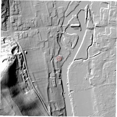 Shaded relief map of the ground around RG89HX, computed from Environment Agency LiDAR. The ground here sits at about 43 m above sea level and falls 105 m across the surrounding 800 m. Surface water reaching this point runs off ground lying to the west-south-west, 17.6 m higher.