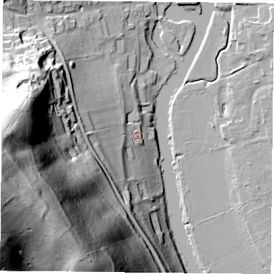 Shaded relief map of the ground around RG89JP, computed from Environment Agency LiDAR. The ground here sits at about 49 m above sea level and falls 108 m across the surrounding 800 m. Surface water reaching this point runs off ground lying to the west-south-west, 100.0 m higher.