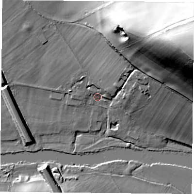 Shaded relief map of the ground around RG89LU, computed from Environment Agency LiDAR. The ground here sits at about 44 m above sea level and falls 67 m across the surrounding 800 m. Surface water reaching this point runs off ground lying to the north-east, 42.0 m higher.