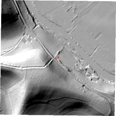 Shaded relief map of the ground around RG89NA, computed from Environment Agency LiDAR. The ground here sits at about 58 m above sea level and falls 79 m across the surrounding 800 m. Surface water reaching this point runs off ground lying to the south-west, 59.9 m higher.