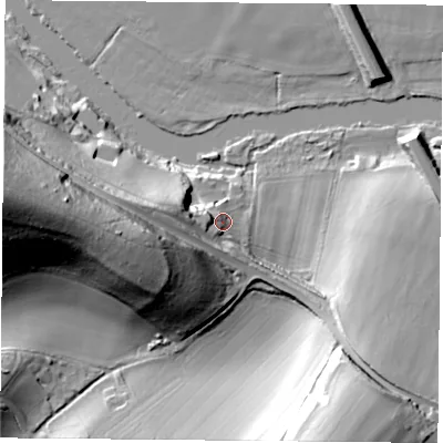 Shaded relief map of the ground around RG89ND, computed from Environment Agency LiDAR. The ground here sits at about 50 m above sea level and falls 56 m across the surrounding 800 m. Surface water reaching this point runs off ground lying to the west, 8.5 m higher.