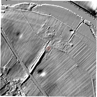 Shaded relief map of the ground around RG89NJ, computed from Environment Agency LiDAR. The ground here sits at about 42 m above sea level and falls 31 m across the surrounding 800 m. Surface water reaching this point runs off ground lying to the south-west, 12.9 m higher.