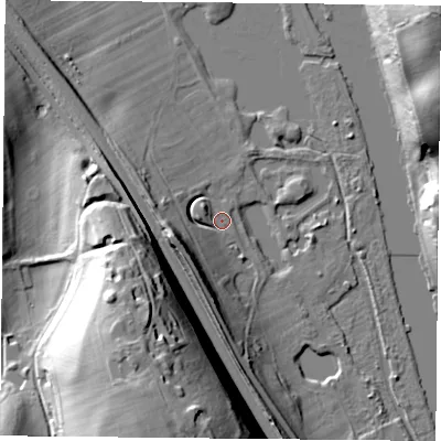 Shaded relief map of the ground around RG89NW, computed from Environment Agency LiDAR. The ground here sits at about 42 m above sea level and falls 44 m across the surrounding 800 m. Surface water reaching this point runs off ground lying to the west-south-west, 14.3 m higher.
