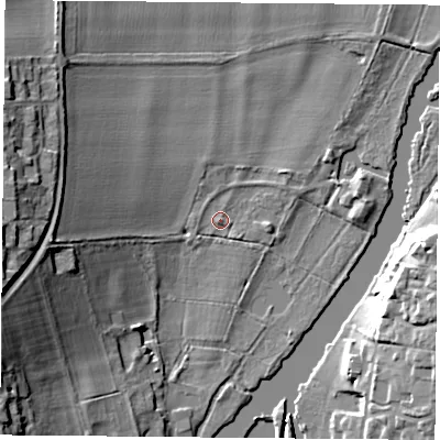 Shaded relief map of the ground around RG89PR, computed from Environment Agency LiDAR. The ground here sits at about 43 m above sea level and falls 22 m across the surrounding 800 m. Surface water reaching this point runs off ground lying to the west-south-west, 20.1 m higher.