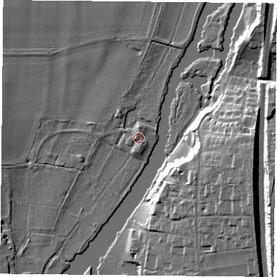 Shaded relief map of the ground around RG89PS, computed from Environment Agency LiDAR. The ground here sits at about 43 m above sea level and falls 22 m across the surrounding 800 m. Surface water reaching this point runs off ground lying to the west, 1.8 m higher.