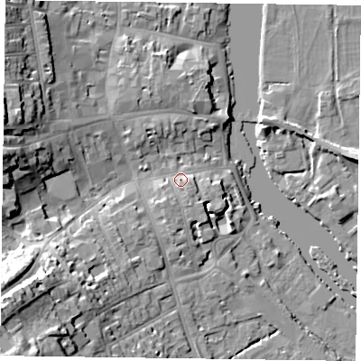 Shaded relief map of the ground around RG91AH, computed from Environment Agency LiDAR. The ground here sits at about 36 m above sea level and falls 24 m across the surrounding 800 m. Surface water reaching this point runs off ground lying to the south-west, 18.4 m higher.