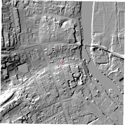 Shaded relief map of the ground around RG91AN, computed from Environment Agency LiDAR. The ground here sits at about 34 m above sea level and falls 23 m across the surrounding 800 m. Surface water reaching this point runs off ground lying to the south-west, 20.1 m higher.