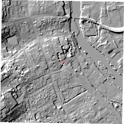 Shaded relief map of the ground around RG91AT, computed from Environment Agency LiDAR. The ground here sits at about 35 m above sea level and falls 25 m across the surrounding 800 m. Surface water reaching this point runs off ground lying to the west-south-west, 20.4 m higher.